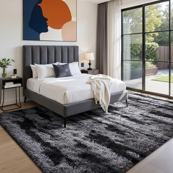 6x9 Ft Large Shag Rugs for Living Room Decor, Tie-Dyed Ultra Soft Fluffy Furry Area Rugs for Bedroom Indoor Floor, Aesthetic Carpet for Kids Home (Black)