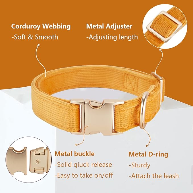 Soft Corduroy Fibric Dog Collar with High Grade Metal Buckle, for Small Dogs.(Orange,Small:10-15")