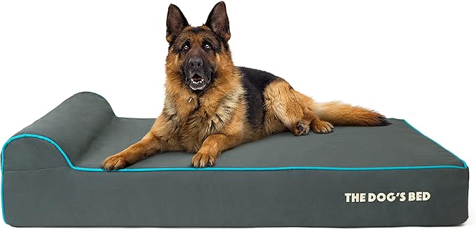 The Dog’s Bed Orthopedic Memory Foam Dog Bed with Headrest, Oxford Fabric, Grey with Blue Trim, XL, 6-Inch