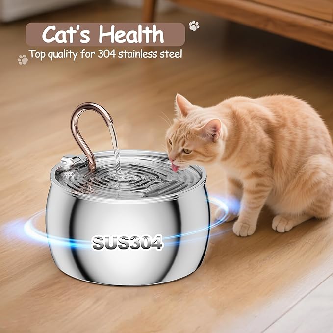 Cat Water Fountain Stainless Steel -2.5L/84oz Gooseneck Kitty Cat Fountain for Drinking Spout - Pet Water Fountain for Cats Inside - Quiet Automatic Cats Water Bowl Dispenser - for Pets& Small Dog