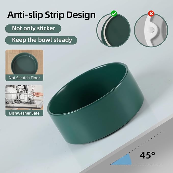 Ceramic Raised Double Bowls Set with Stand, Food & Water Bowls for Large Breed Dogs, Weighted Dog Dishes, Pet Bowl(8.2'',60OZ, Green)