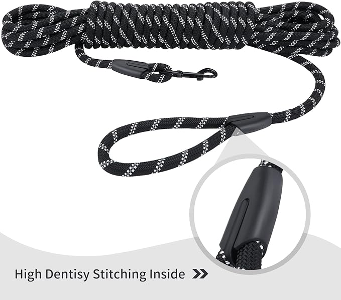 Long Dog Leash for Training 20Ft-Reflective Nylon Rope with Swivel Hook-Recall Agility Lead for Large Small Medium Dogs Outside Walking Hiking-Black Diam 1/2"