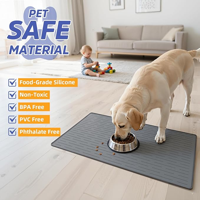 Large Dog Mats for Food and Water, 40"x30" Waterproof Pet Food Mats for Floor Nonslip Silicone Bowl Mats with Raised Edges