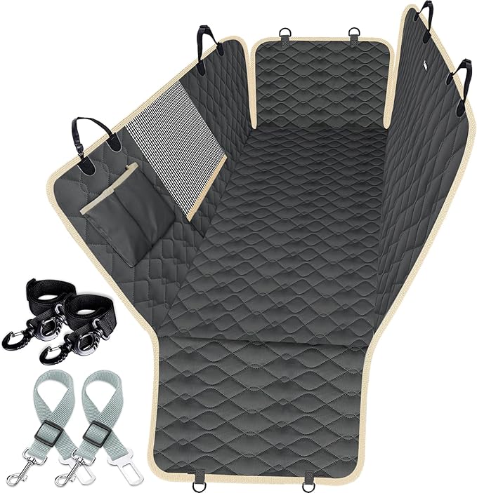 Lassie Dog Car Seat Covers for Back Seat with 2 Seat Belts, Waterproof Dog Car Hammock with Mesh Window Durable Scratch Proof Nonslip Pet Carseat Covers Universal Fit Protector for Cars, Trucks & SUVs