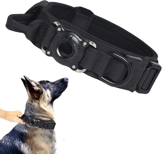 Xqpetlihai Upgraded AirTag Dog Collar Waterproof Tactical Dog Collar with AirTag Holder Heavy Duty Dog Collars for Large Dogs (Black，M