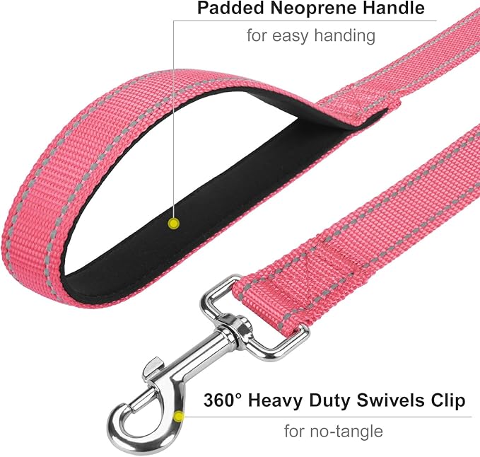 Reflective Dog Leash 6ft Soft Padded Handle Nylon Lead for Small & Medium Dogs, Durable Walking Training Leash for Night Safety (Neon Pink,3/4Inch Wide)