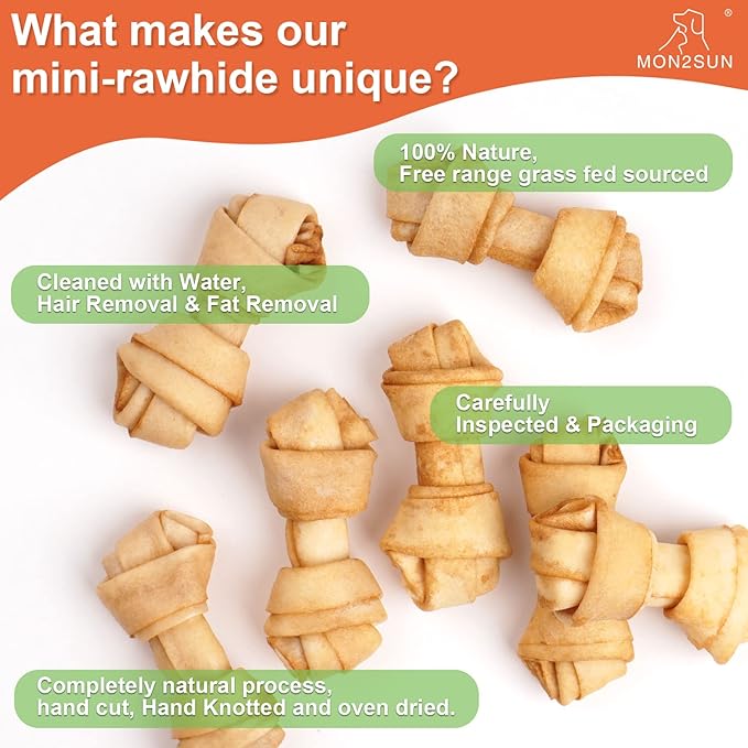 MON2SUN Dog Rawhide Knot Bones Small Rawhide Bones Mini Chews Chicken Flavour 2.5 Inch 60 Count for Puppy and Small Dogs