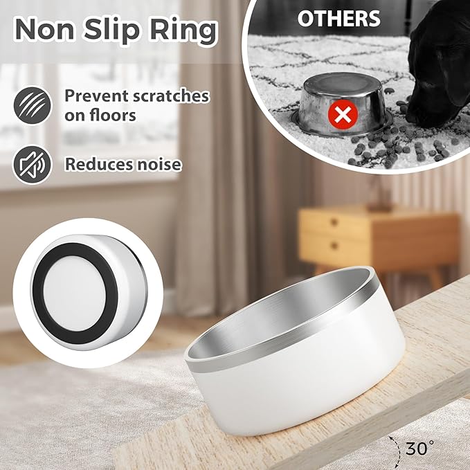 Stainless Steel Dog Bowl, Metal Water and Food Dish for Large Dogs, Insulated Non-Slip Pet Bowl, Easy Clean, 64oz, White