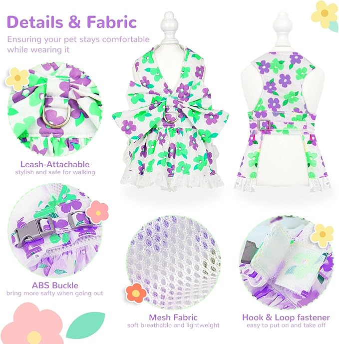 Dog Harness Dress Leash Set for Small Dog Summer Clothes Girl Female Puppy Cats Outfits Cute Floral Bowknot Princess Birthday Dress for Extra Small Pet Doggie Kitten Outfits Apparel(Green,S)