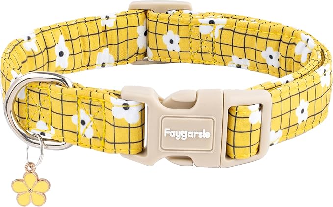 Faygarsle Floral Plaid Pattern Dog Collar, Yellow with White Flowers Summer Spring Design for Small Medium Large Dogs S