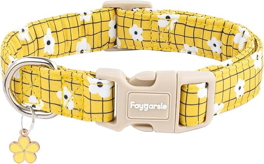 Faygarsle Floral Plaid Pattern Dog Collar, Yellow with White Flowers Summer Spring Design for Small Medium Large Dogs S