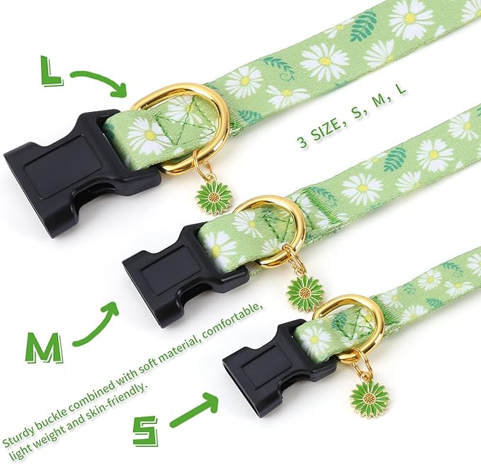 Cotton Handmade Dog Collar for Small Medium Large Dogs,Green Daisy with Pendant Cute Dog Collars (Small)