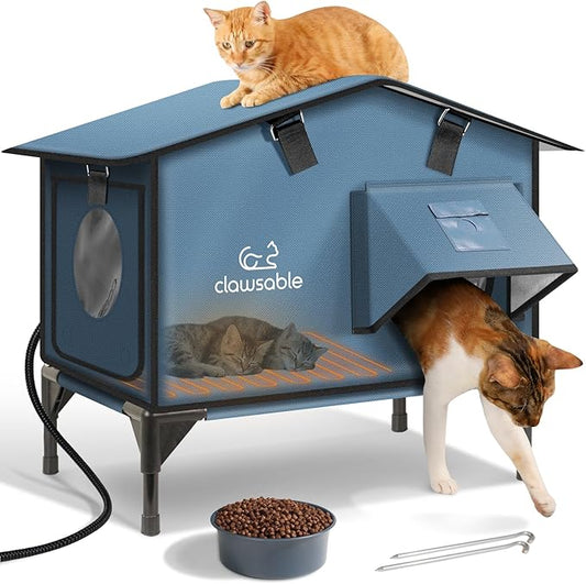Upgraded Heated Cat House for Outside Escape Door, Highly Insulated Heated Outdoor Cat House Waterproof Awning, Weatherproof Outdoor Feral Cat Shelter for Stray Winter