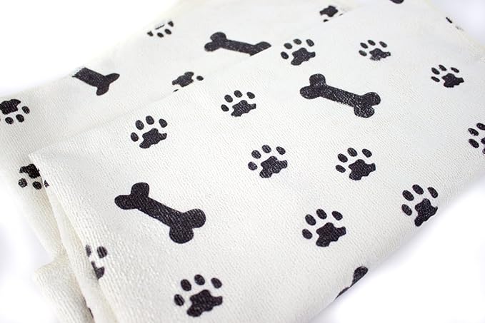 Zwipes Large Microfiber Pet Towels (Size: 30" x 36"), 2-Pack Soft Terry Cleaning Cloths, White with Black Bone/Paw Print
