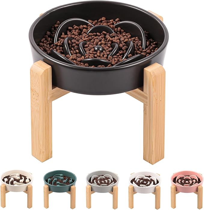 Black Ceramic Slow Feeder Dog Bowl for Medium and Large Breed,Elevated/Raised 1.5 Cup 8.26 in Slow Feeding Bowl,Puzzle Dog Food Bowl for Fast Eater,Maze Dish for Fast Eater