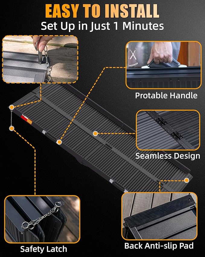 VNN Portable Wheelchair Ramp 8FT, Black Seamless Non-Slip Aluminum Ramps for Wheelchairs for Home, Handicap Wheelchair Ramps for Home Steps, Aluminum Loading Dock Plates