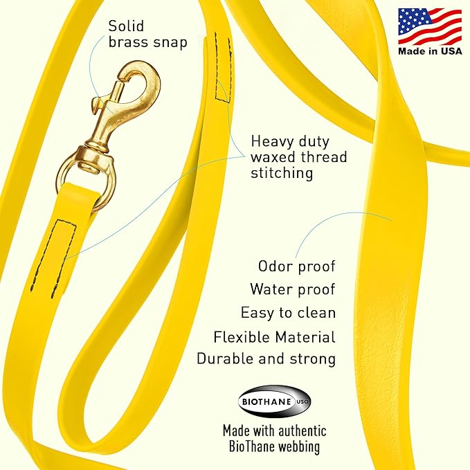 Viper Biothane K9 Working Dog Leash Waterproof Lead for Tracking Training Schutzhund Odor-Proof Long Line with Solid Brass Snap for Puppy Medium and Large Dogs, 15ft Lemon Yellow