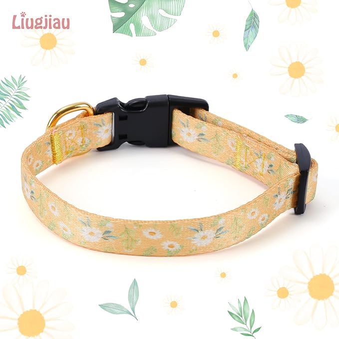 Cotton Handmade Dog Collar for Small Medium Large Dogs,Yellow Daisy with Pendant Cute Dog Collars (Large)