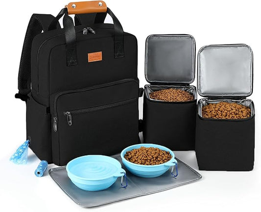 Dog Travel Bag All-in-One Set: DELOMO 25L Airline Approved Dog Travel Backpack with 2 Food Containers + 2 Collapsible Bowls + 1 Waterproof Mat for Weekend to Week-Long Pet Travel, Camping, Road Trips