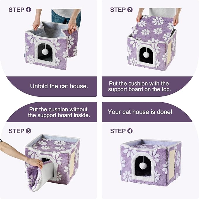 Cat Houses for Indoor Cats, Cute Cat Cave with Fluffy Ball Hanging and Scratch Pad, Foldable Kitten Condo Hideaway, 17x17x13 inches, Purple Flower