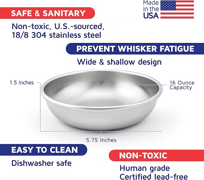 Stainless Steel Cat Bowl for Food & Water by Americat – Made in USA – Dishwasher Safe, Human Grade, Whisker Friendly Dish (1 Bowl)