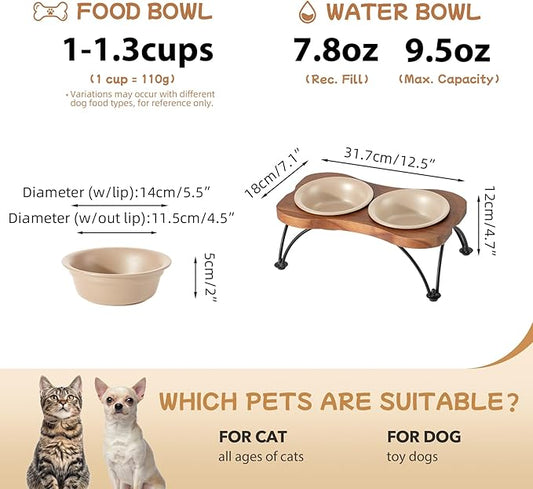 Ceramic 5.5-inch Raised Double-Bowl Set with Non-Slip Stand, 1 Cup Food or 9.5oz Water Dishes for Puppies and Cats, Wide Opening with Rounded Edges(Oat Beige)