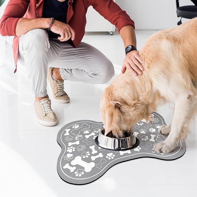 Dog & Cat Food Mat Bone Shaped Pet Feeding Mat Quick Absorb Water Bowl Placemat with Rubber Backing Indoor Floor Stain Resistant Pet Accessory Supplies (Grey, 17x29 Inches)