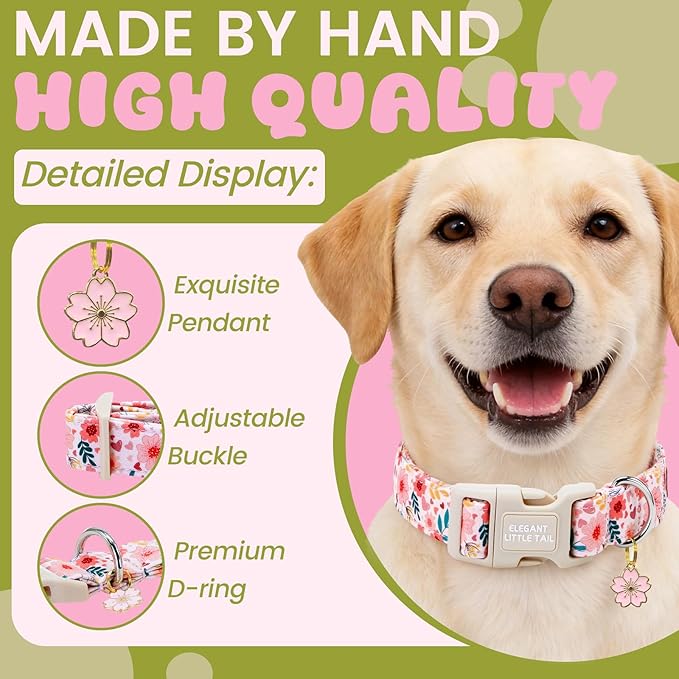 Elegant little tail Dog Collar, Pink Flower Print Spring Soft Cotton Puppy Collars Adorable Female Pet Gift Lightweight Plastic Adjustable Dog Collar for Small Dogs