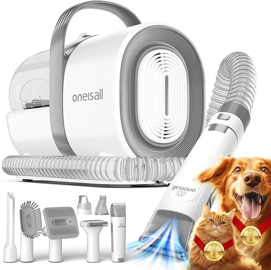 oneisall Dog Grooming Vacuum, Pet Grooming Vacuum with Clipper Nail Grinder, 1.5L Dust Cup Dog deshedding Vacuum Brush with 7 Tools for Shedding Pet Hair, Home Cleaning（Grey）
