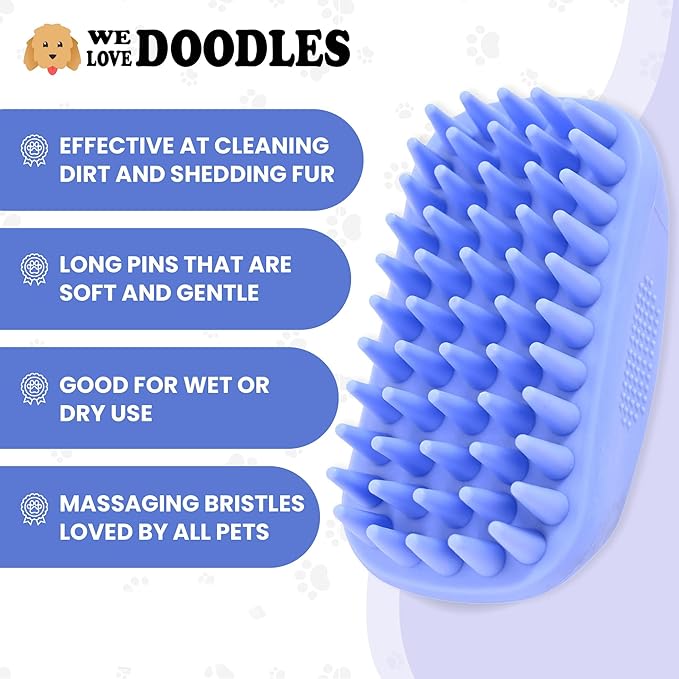 Bath Brush for Pet Grooming & Massage - Rubber Scrubbing Brush for Showers, Ideal for Long & Short Haired Dogs and Cats, Essential Puppy Accessory, Long Pins [We Love Doodles]