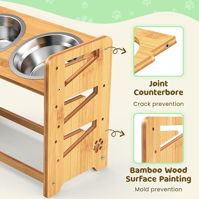 Elevated Dog Bowls, 6 Height Adjustable Raised Dog Bowl Stand with 2 Stainless Steel Bowls for Large, Already Painted, Medium and Small Dogs and Cats, 15" High Bamboo Pet Food Feeder