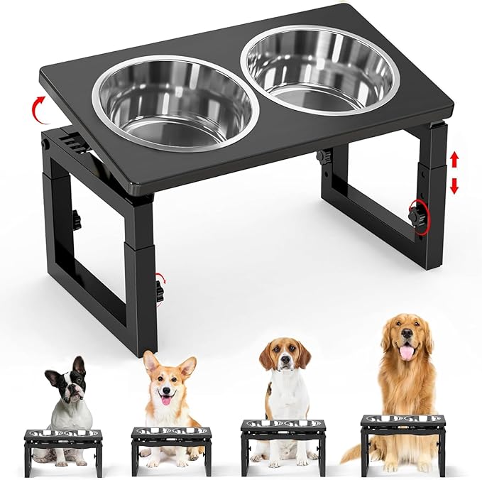 Elevated Dog Bowls Black, 4 Height & Angle Adjustable Raised Dog Bowl Stand, Elevated Dogs Bowl Station for Medium Sized, Sturdy Bamboo Dogs Feeding Station with 2 Stainless Steel Dishes (48oz/6cup)