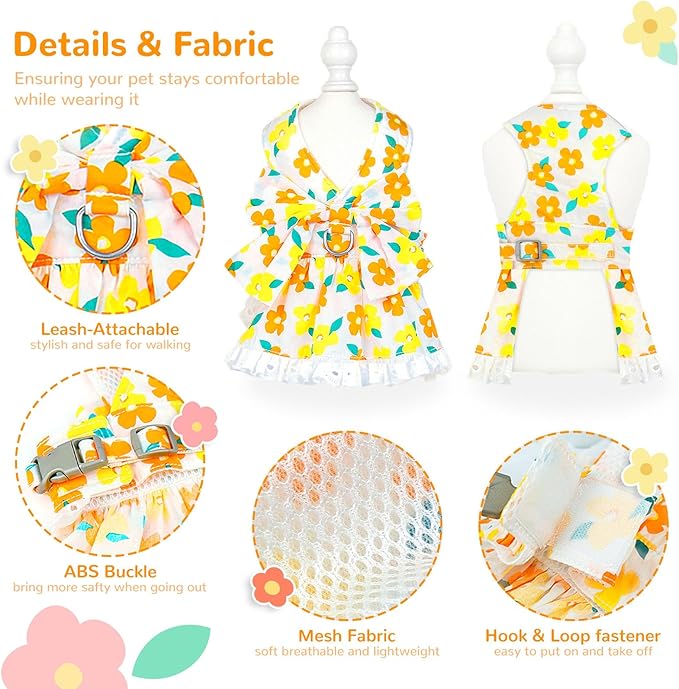 Dog Harness Dress Leash Set for Small Dog Summer Clothes Girl Female Puppy Cats Outfits Cute Floral Bowknot Princess Birthday Dress for Extra Small Pet Doggie Kitten Outfits Apparel(Yellow,M)