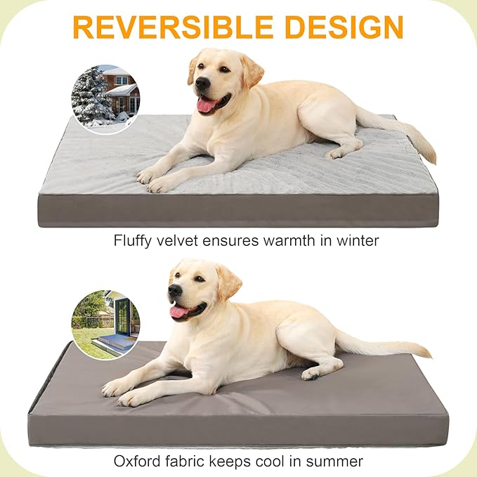 KSIIA Orthopedic Dog Bed Waterproof Dog beds for Extra Large Dogs Deluxe Plush Washable mat with Egg Crate Foam & Removable Cover, 53 x 36 Inch, Gray
