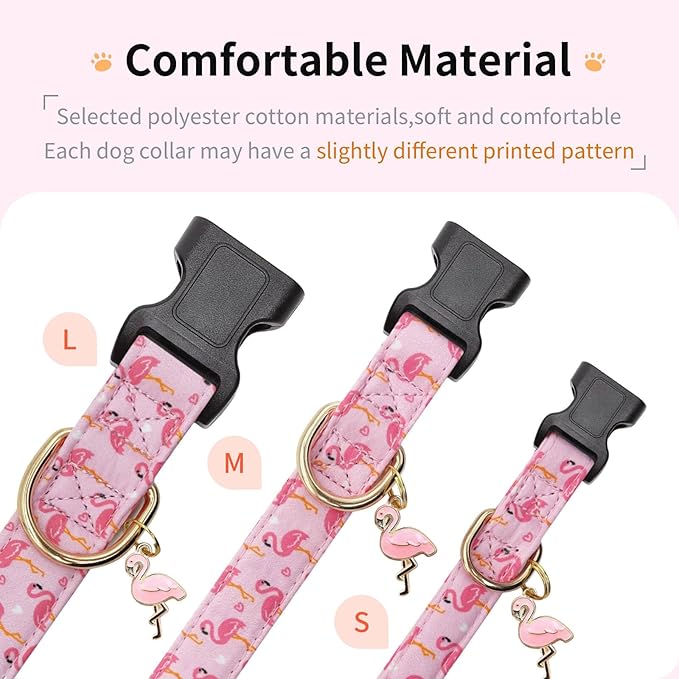 Cotton Dog Collar,Adjustable Cute Puppy Collar with Moon Patterned Design for Small Medium Large Dogs,Soft and Fancy Pet Collar with Safety Buckle for Girl Boy Dogs (Pink Flamingo, S)