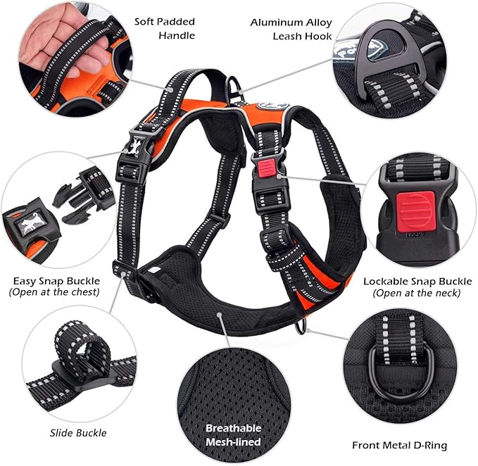 PoyPet No Pull Dog Harness, No Choke Front Clip Dog Reflective Harness, Adjustable Soft Padded Pet Vest with Easy Control Handle for Small to Large Dogs(Orange,XS)