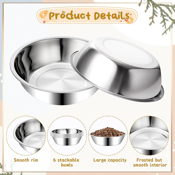 6 Pcs Stainless Steel Dog Bowls, 6.9 Inch Thickened Metal Basic Dog Bowl 27 Oz Replacement Food Water Bowl Set for Small Medium Large Dogs Dishwasher Safe