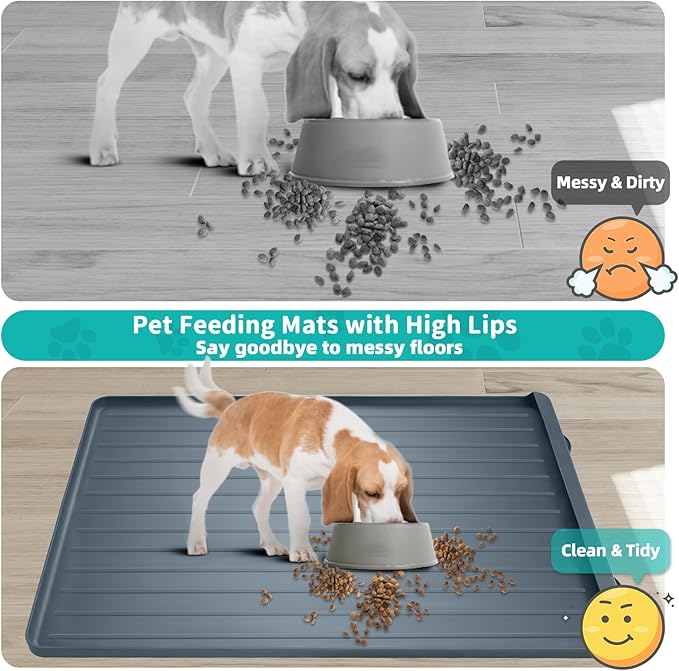 Dog Mat for Food and Water - 39.4" x 27" Large Pet Feeding Mats with Residue Collection Pocket - Waterproof Dog Cat Bowl Mat with High Edges to Prevent Water and Food Spills (Dark Grey)