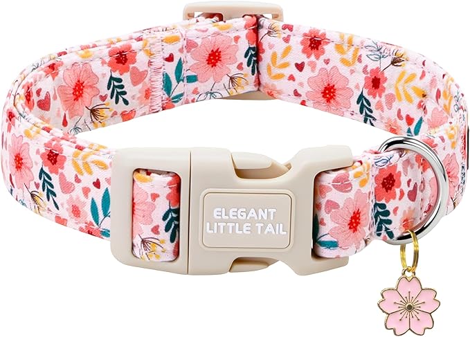 Elegant little tail Dog Collar, Pink Flower Print Spring Soft Cotton Puppy Collars Adorable Female Pet Gift Lightweight Plastic Adjustable Dog Collar for Large Dogs