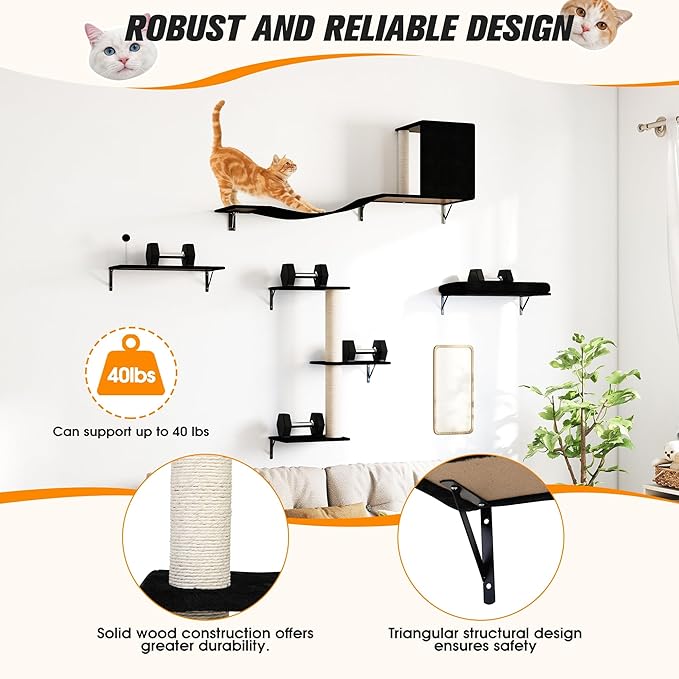 COZIWOW Cat Wall Shelves Set, 5-Piece Wall Mounted Cat Furniture with Cat Tree & Scratching Post, Floating Cat Perches for Indoor Cats（Grey）