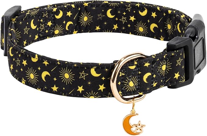 Cotton Dog Collar,Adjustable Cute Puppy Collar with Moon Patterned Design for Small Medium Large Dogs,Soft and Fancy Pet Collar with Safety Buckle for Girl Boy Dogs (Yellow Moon, S)