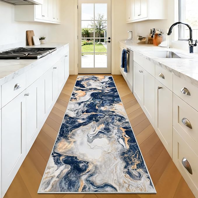 Yinhua 2x7'3 Runner Rug for Hallway, Marble Rug Runners for Kitchen, Soft Faux Wool Washable Area Rugs, Modern Runner Rugs Non Slip, Blue and Gold Abstract Carpet for Entryway Laundry Bathroom