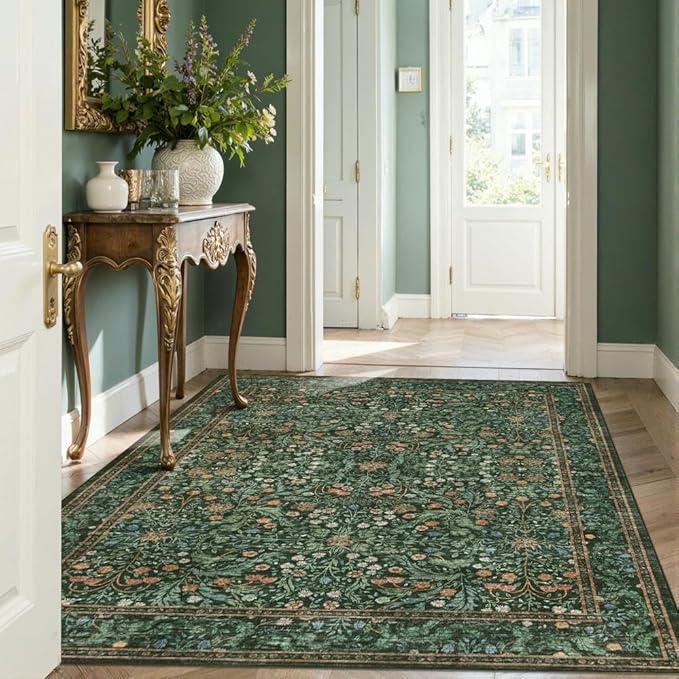 4x6 Area Rugs for Living Room Bedroom, Large Washable Rug, Green Vintage Floral Boho Rug, Non Slip & Low Pile Wool Accent Carpet for Indoor Dining Room, Kids Room and Office(Green 4x6ft)