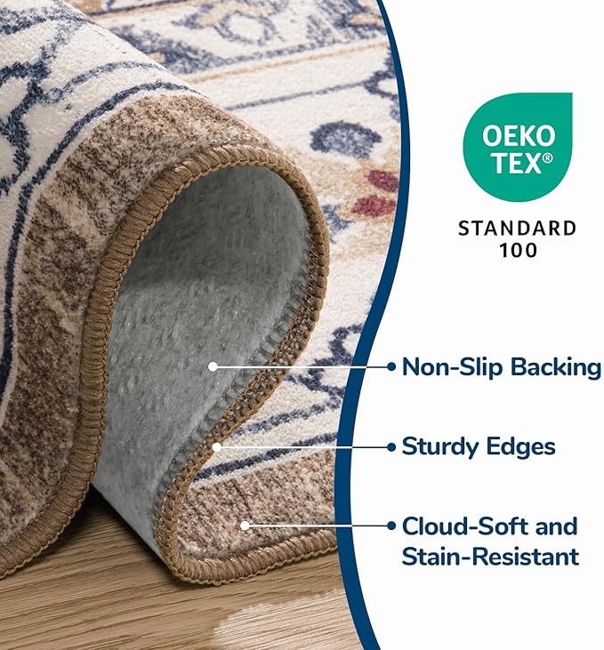 Lessymo 5x8 Area Rug for Living Room - Machine Washable Area Rugs, Super Soft Faux-Wool Area Rugs for Bedroom Kitchen, Boho Rug Vintage Floral Non-Slip Low Pile, Brown Beige