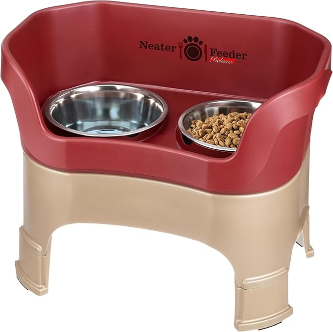 Neater Feeder Deluxe Mess Proof Dog Bowls Elevated for Large Dogs – Made in USA – No Spill Raised Dog Food Bowl Stand w/Leg Extensions – Stainless Steel Dog Food and Water Bowl Set – Red