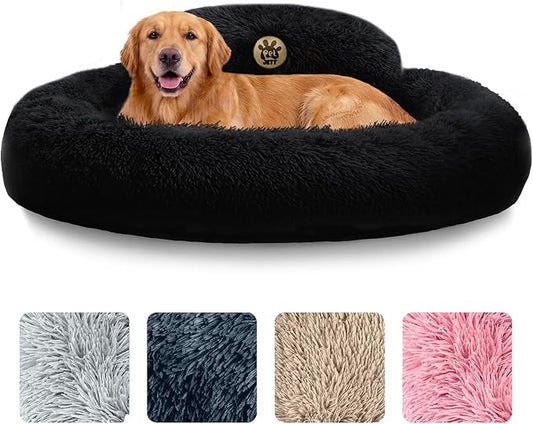PetJett Calming Dog Beds Large Sized Dog - 36'' Round Bed, Anti-Slip & Washable Super Soft Donut Bed, Fluffy Faux Fur Anti-Anxiety Premium Comfort Pet Bed, Fits Dogs up to 80 lbs - Black