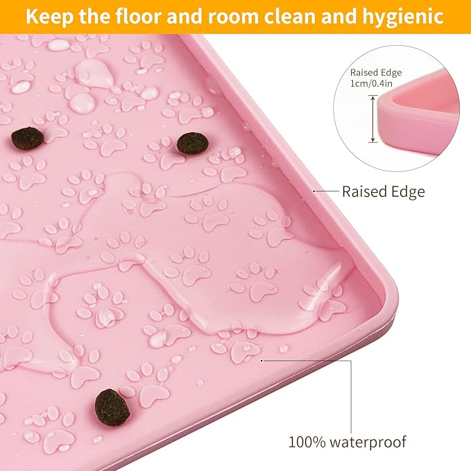 Ptlom Pet Placemat for Dog and Cat, Waterproof Non-Slip Silicone Feeding Bowl Mat Prevent Food and Water Overflow, Puppy Dish Feeder Fountain Trays Suitable for Medium and Small Pets, Pink