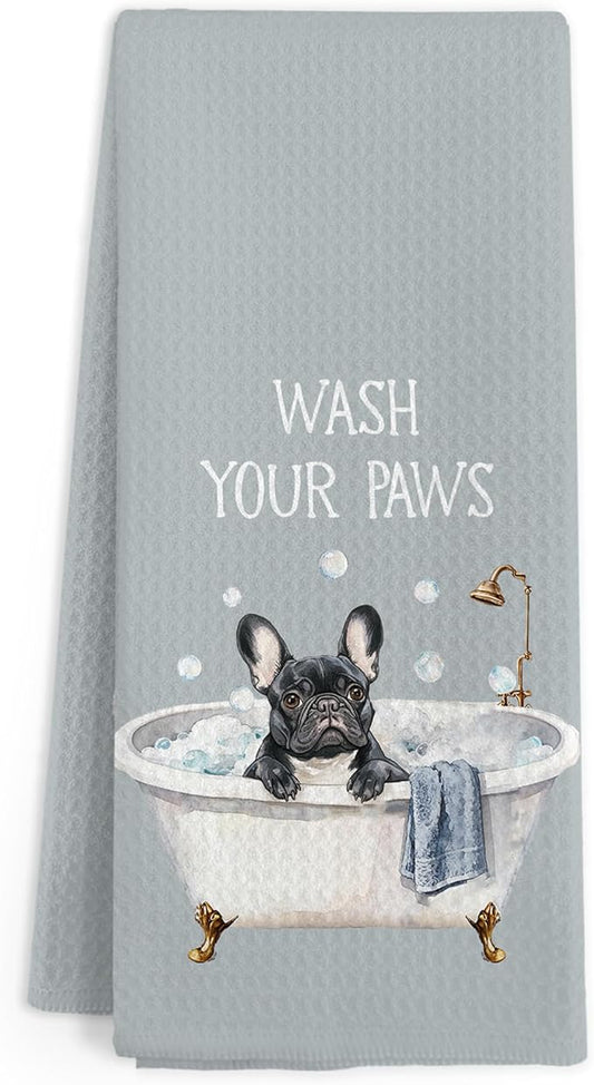 Funny French Bulldog Frenchie Hand Towels for Bathroom, Wash Your Paws Hand Towels, French Bulldog Dog Themed Dish Tea Towel for Kitchen Bathroom Decor, Frenchie Gifts for Women Men, 16x24 in