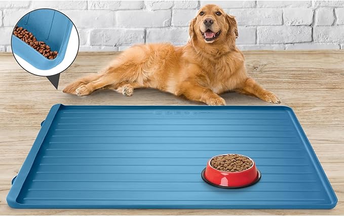 Dog Mat for Food and Water - 39.4" x 27" Large Pet Feeding Mats with Residue Collection Pocket - Waterproof Dog Cat Bowl Mat with High Edges to Prevent Water and Food Spills (Navy)