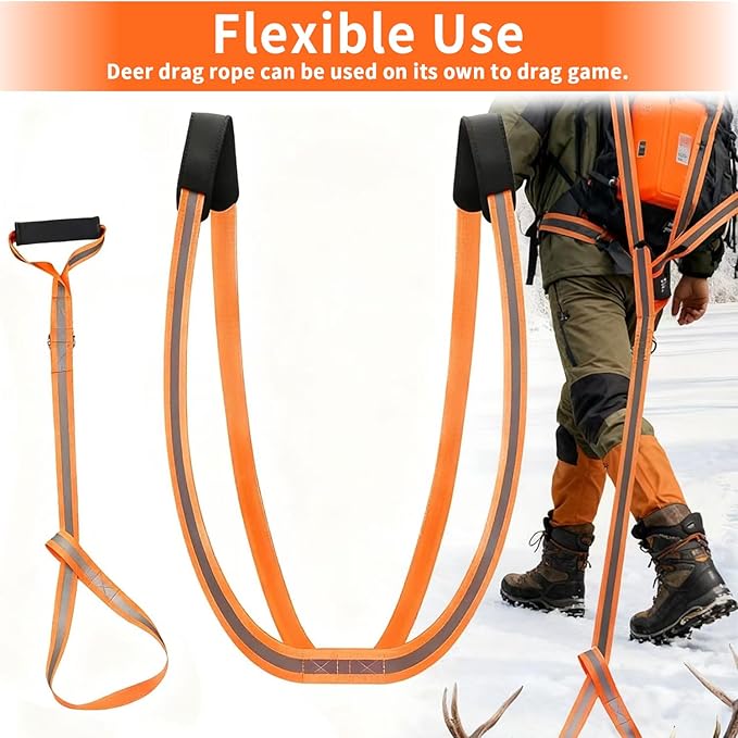 Deer Drag Harness Heavy Duty Orange Deer Drag Rope with Reflective Strip Soft Handle and Widened Shoulder Strap 400lb Capacity Deer Drag Set Perfect Men's Hunting Accessories and Gift for Hunters